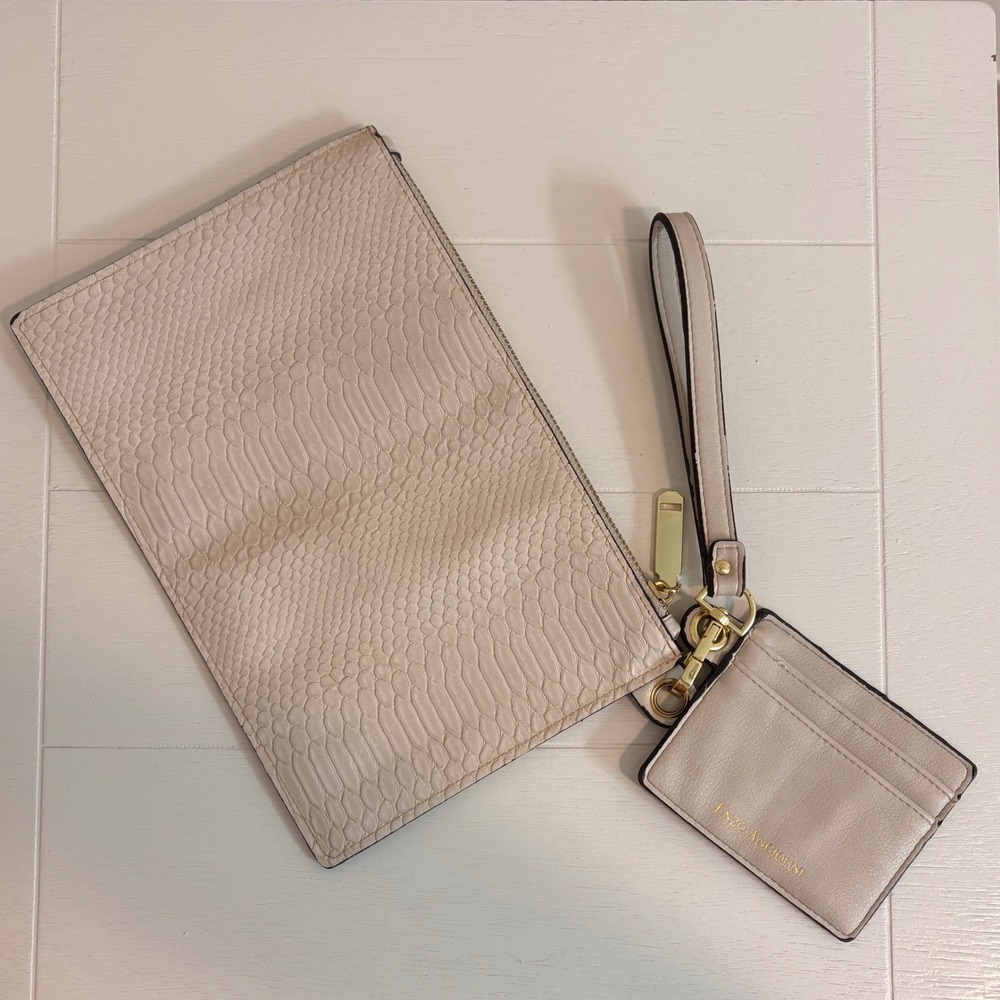 Enzo Angiolini Cream Snakeskin Wristlet Clutch with‎ Detachable Card Holder Set